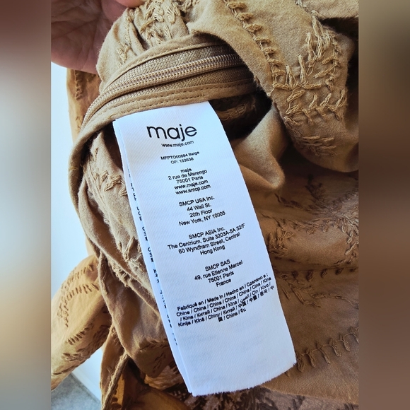 MAJE Lalmeto One Sleeve Tan BROWN Blouse Embroidered Cut Out Zipper Size 1 S - Picture 9 of 16